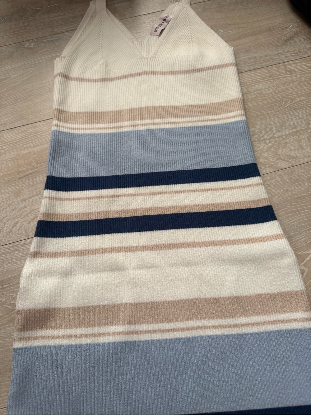 Sleeveless Striped Ribbed Midi Dress - Cream, Light Blue & Navy